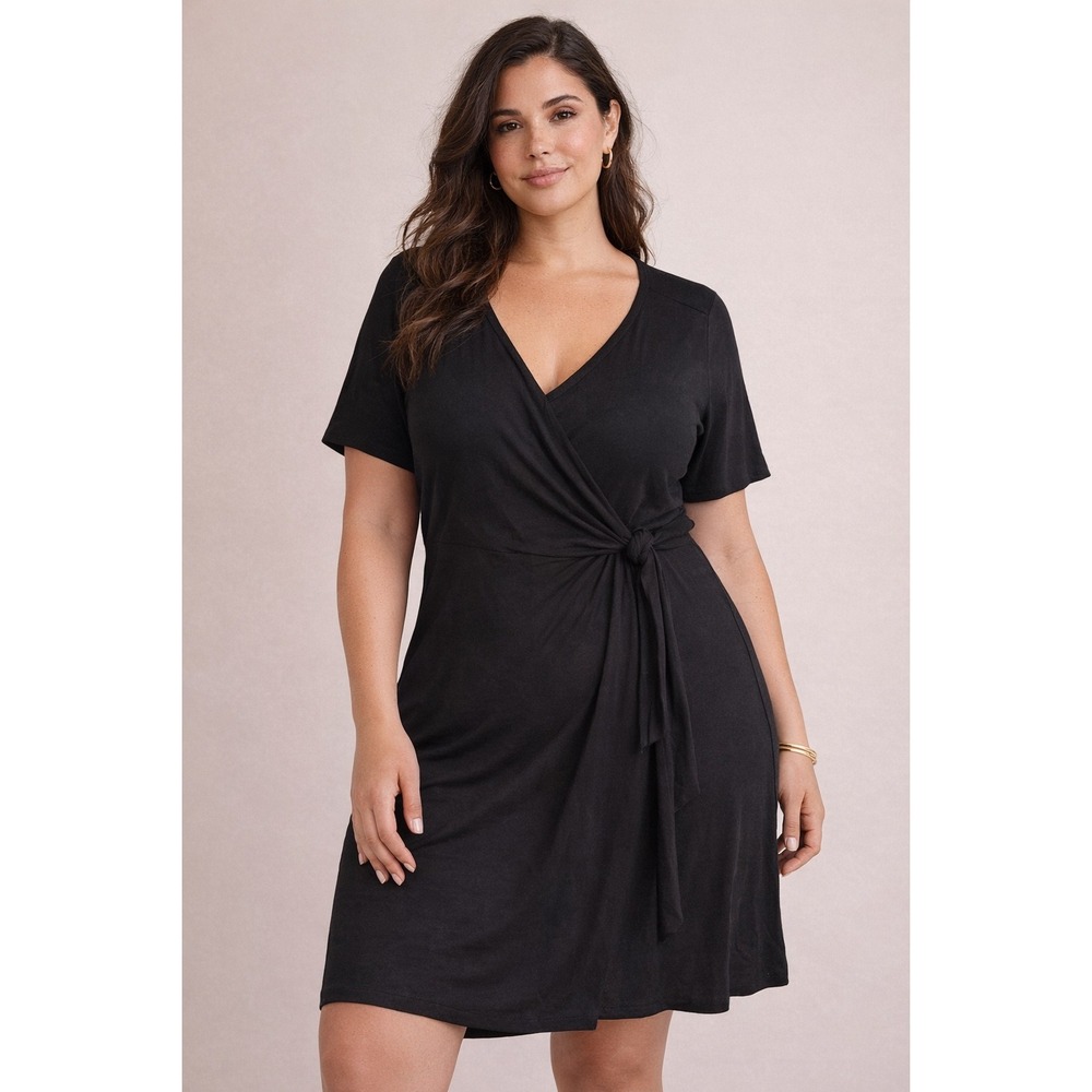 Lane Bryant Wrap Dress‎ Black Tie Waist Short Sleeve Stretch Knit Plus 10/12